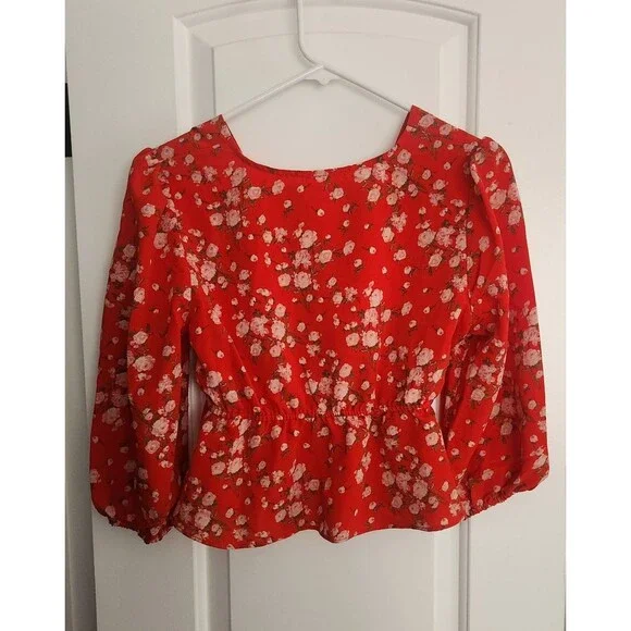 NWT Sage the Label Lulus Red Floral Wrap Top - Puff Sleeve Peplum Blouse-Mediu - Picture 4 of 8